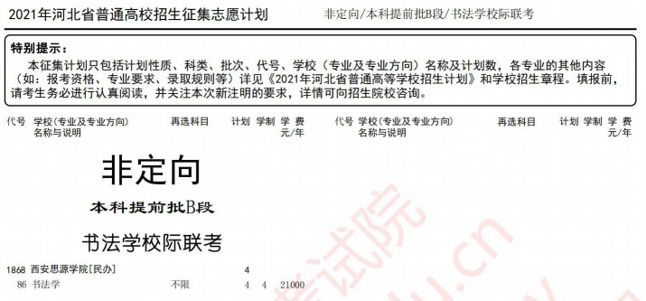 2021河北本科提前批B段征集計劃（書法學(xué)校際聯(lián)考）