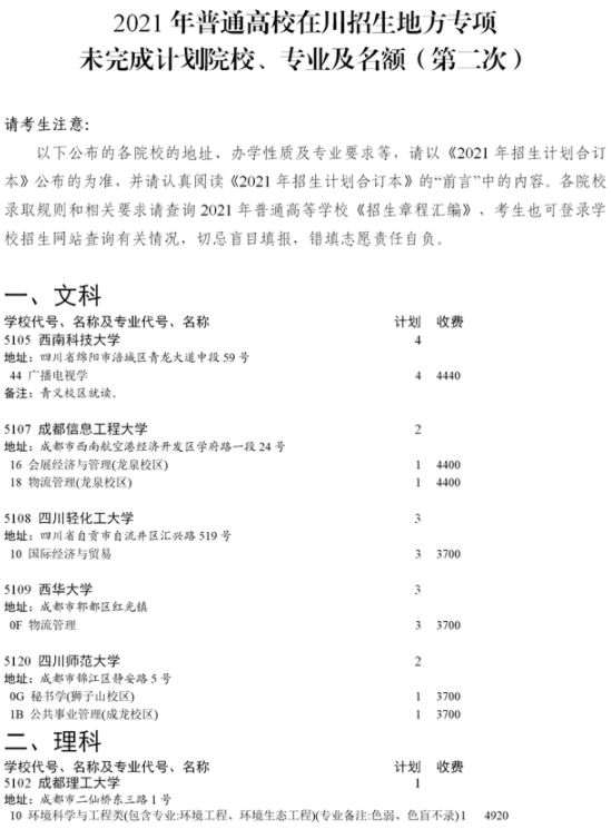 四川2021國家專項計劃第三次征集志愿計劃