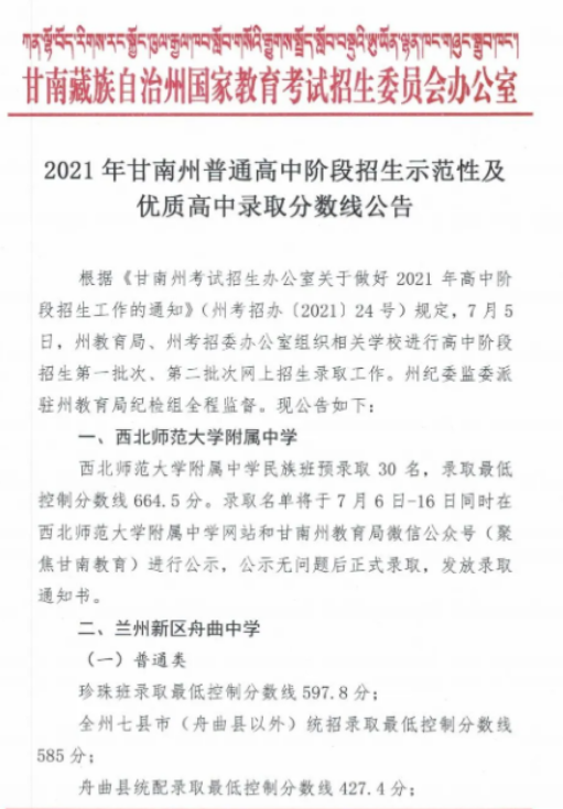 2021甘肅甘南重點高中錄取分?jǐn)?shù)線公布