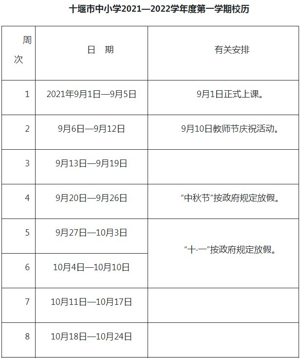 2021-2022十堰中小學(xué)校歷 暑假放假時(shí)間