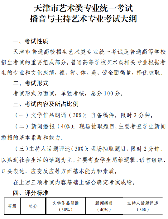 天津市藝術(shù)類專業(yè)統(tǒng)一考試播音與主持藝術(shù)專業(yè)考試大綱