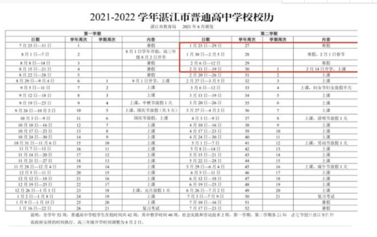 2021-2022湛江中小學(xué)校歷