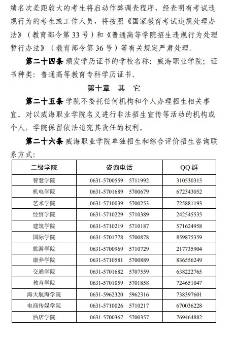 威海職業(yè)學院單招和綜合評價招生簡章